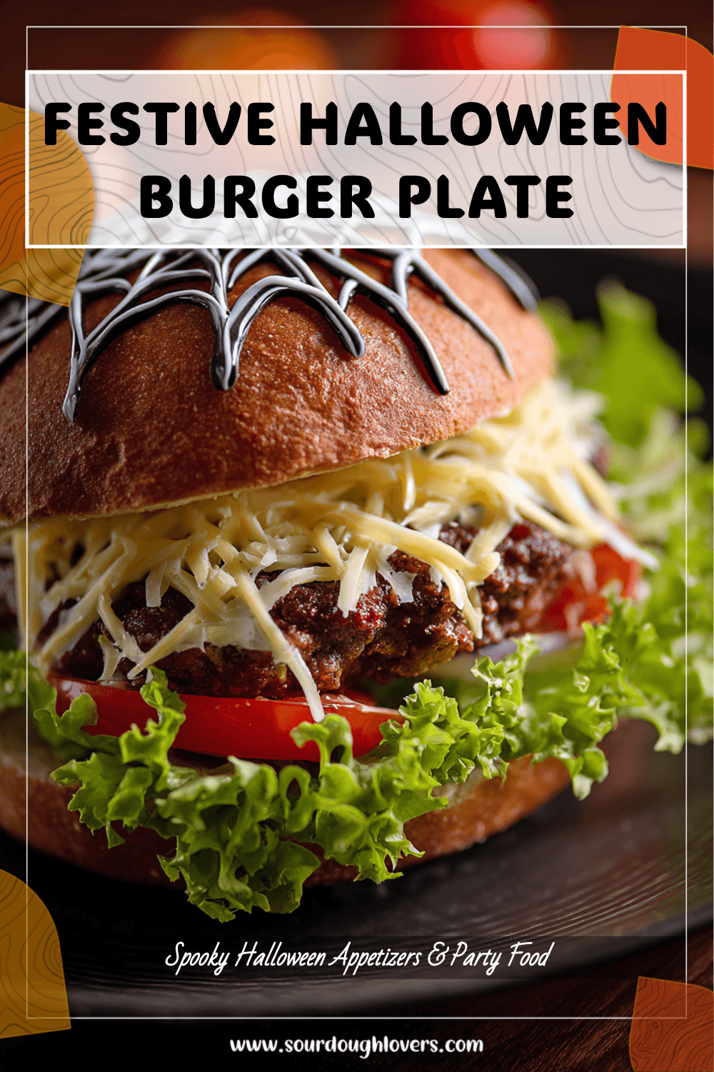 Festive spider burger with fries on a wooden serving board decorated for Halloween foods. 2